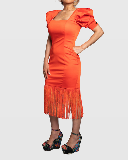Handmade Orange Midi Dress with Puff Sleeves and Fringe Hem – Limited Edition Vera Argenti