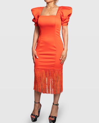 Handmade Orange Midi Dress with Puff Sleeves and Fringe Hem – Limited Edition Vera Argenti
