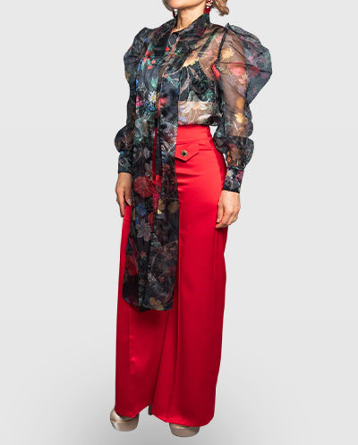 Handmade Oversized Floral Organza Blouse with Puff Sleeves and Scarf Bow – Limited Edition Vera Argenti