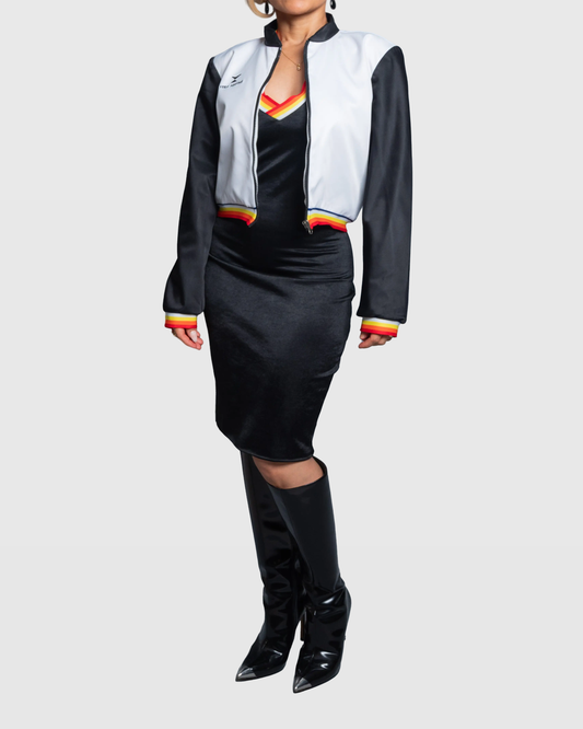 Handcrafted Cropped Jacket with Embroidered Logo & Striped Trim Vera Argenti